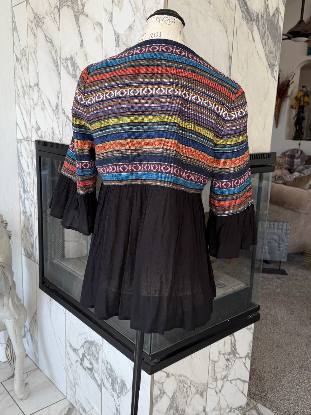 Pleione Anthropology Multicolor Striped Yoke Black Tie-Front Peasant Top M - Picture 6 of 9